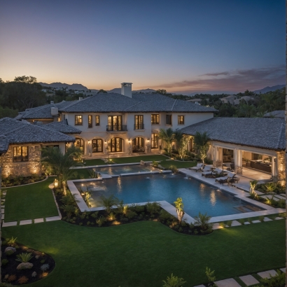 Dallas Texas grand synthetic lawn, swimming pool at twilight