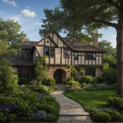 Long Beach, California enchanting Tudor-style house synthetic turf front yard