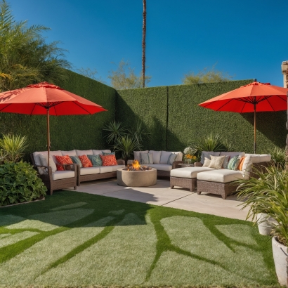 Torrance, California artificial grass backyard, red umbrellas, patio, firepit