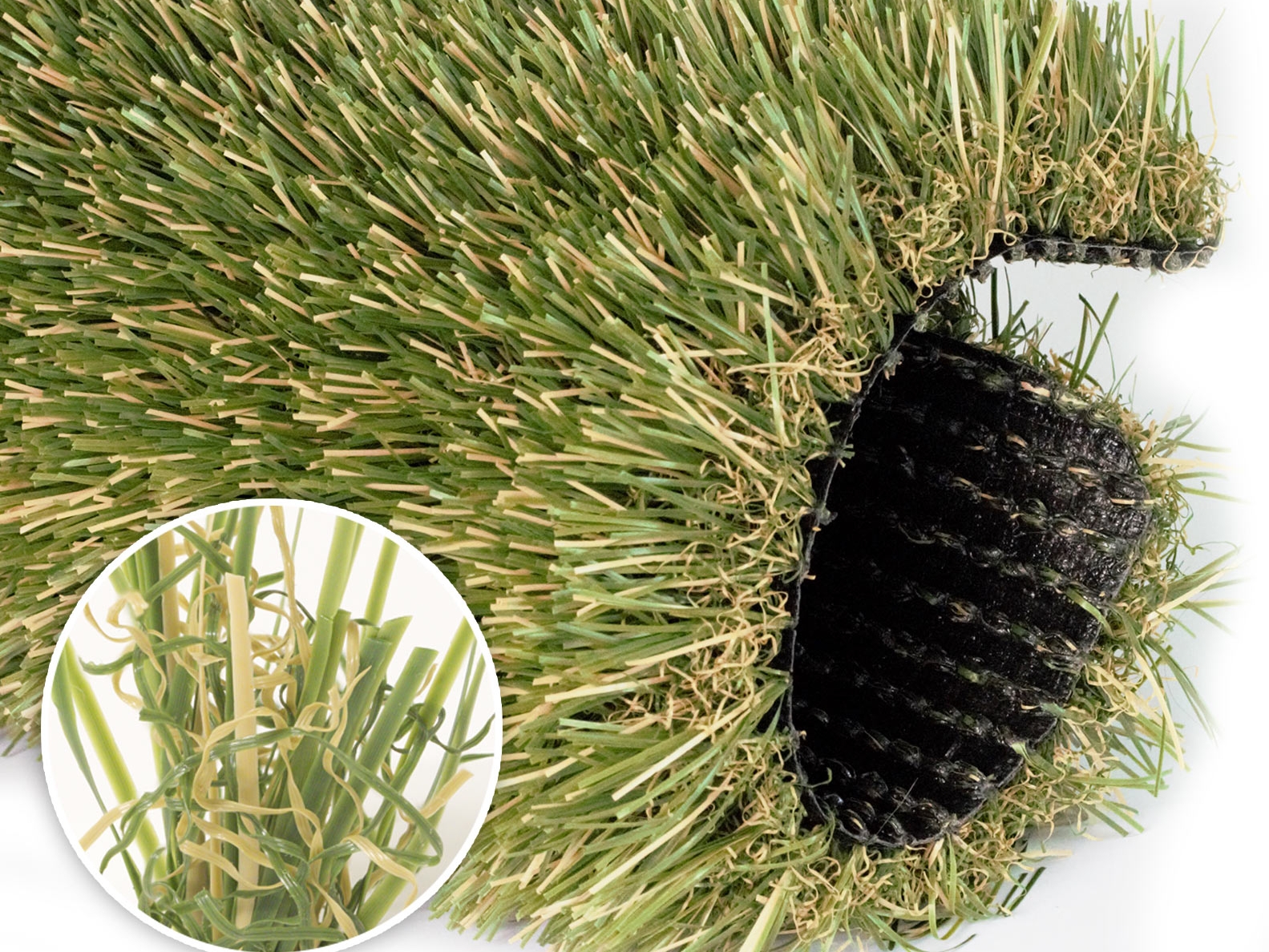 Natural Blade artificial grass. Double Thatching Layer. 3-color diamond blade. Resilience and durability.