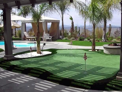 Golf putting green practice by swimming pool ocean palm tresses gazebo green hotel backyard artificial grass synthetic green turf lawn
