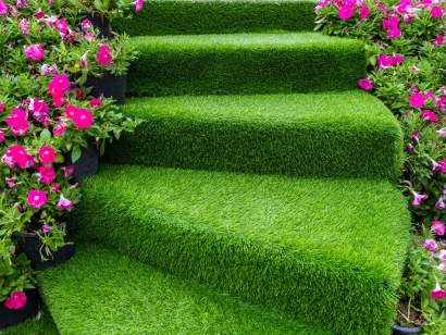 artificial grass stairs pink flowers