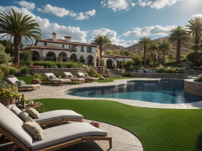 Mediterranean-inspired house with swimming pools, synthetic turf installation. Texas artificial grass