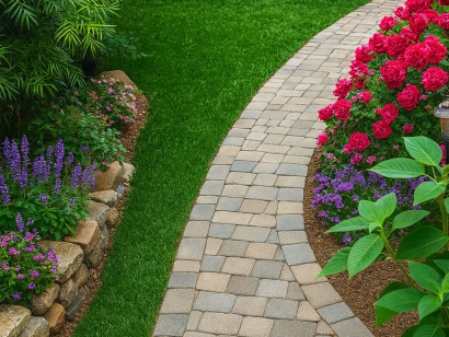 Curved paver walkway bordered by red and purple flowers with lush artificial turf