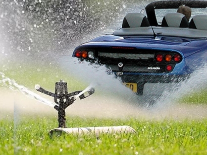 Water sprinkler, car in water, California water fines