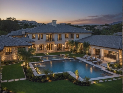 Dallas Texas grand synthetic lawn, swimming pool at twilight