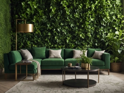 interior artificial ivy wall, green couch. modern style