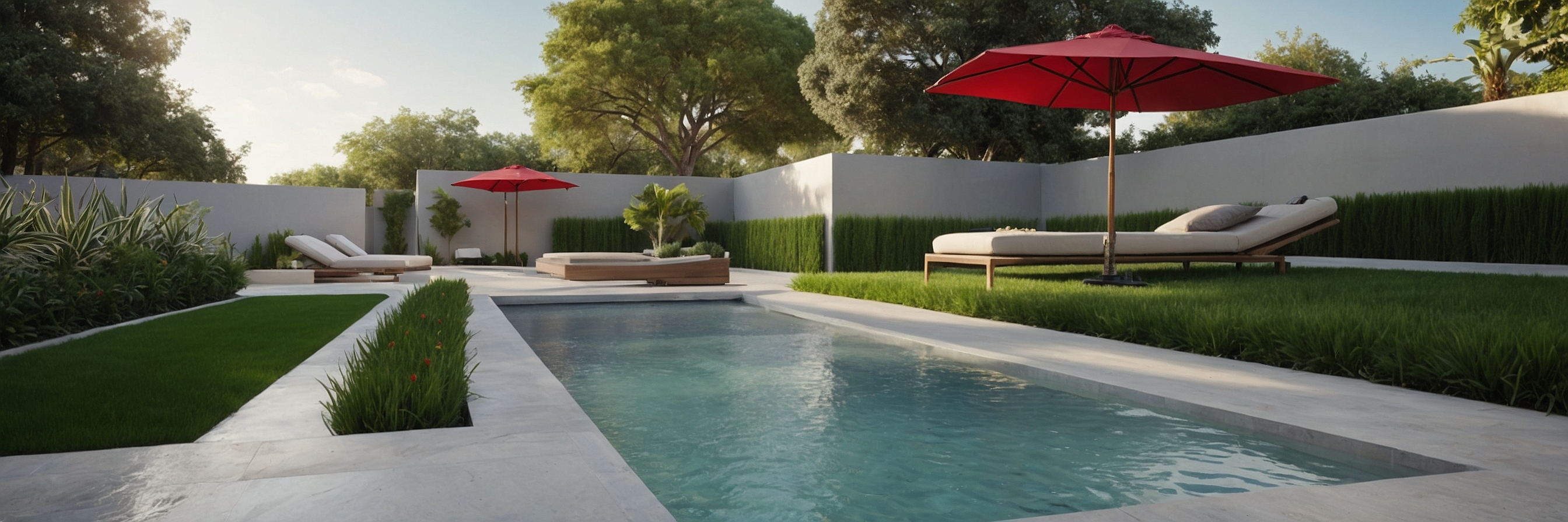 rectangular swimming pools with synthetic turf grass, red umbrella